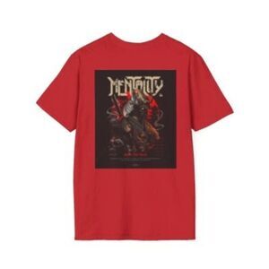 "Dark Fantasy Warrior Graphic Tee with Epic Medieval Design on Red Shirt"